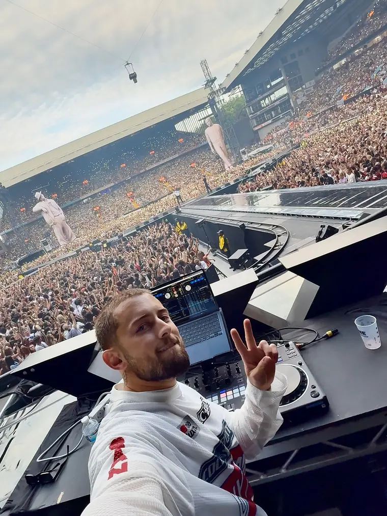 Connor G at the decks on the Villa Park stage, the full stadium behind him